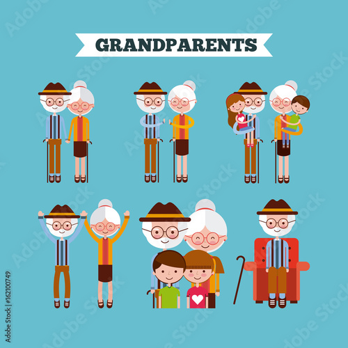 Grandparents and grandchildren set over blue background. Vector illustration.