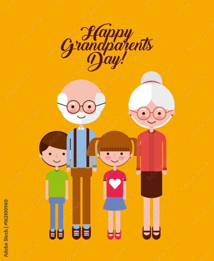 Cute grandparents and grandchildren over orange background. Vector illustration.