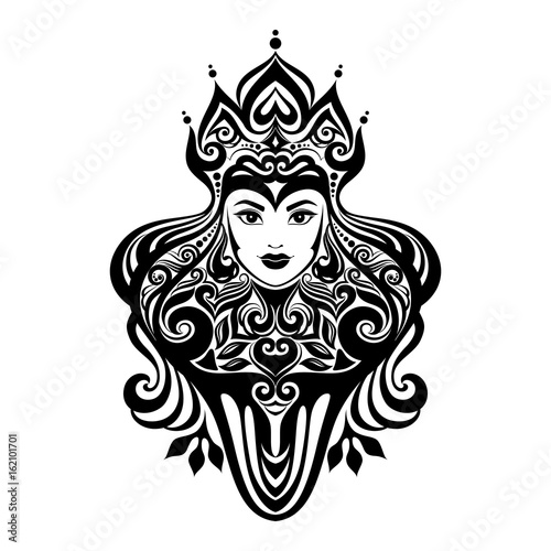 Tribal tattoo illustration of girl face and hair Beautiful asian princess divine girl with ornate hair. Adult anti stress coloring book page. Bohemian goddess.Hand drawn outline elegant illustration.