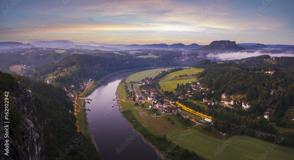 View from the Bastei bridge on the Saxon swiss in the morning, germany