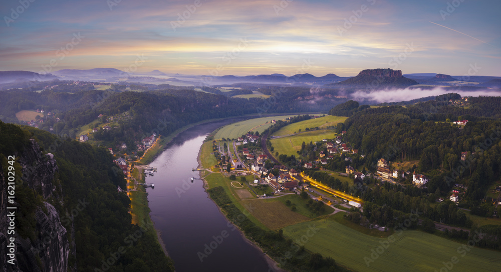 Fototapeta premium View from the Bastei bridge on the Saxon swiss in the morning, germany