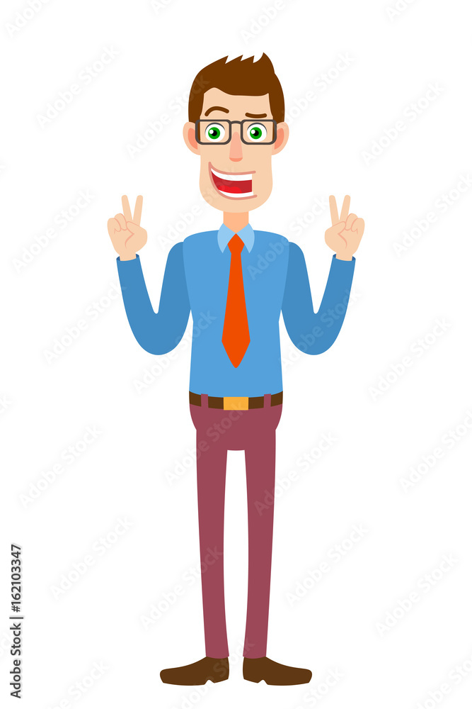 Businessman showing victory hand sign or quotes hand sign