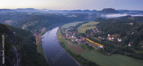 View from the Bastei bridge on the Saxon swiss in the morning, germany