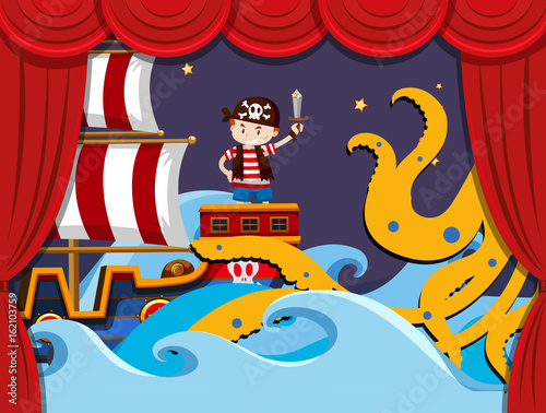 Stage play with pirate fighting kraken