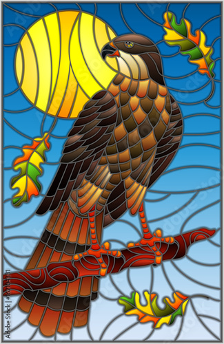 Illustration in stained glass style with fabulous Falcon sitting on a tree branch against the sky