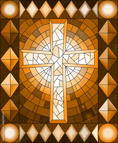 Illustration in stained glass style with a Christian cross,frame, brown tone, Sepia
