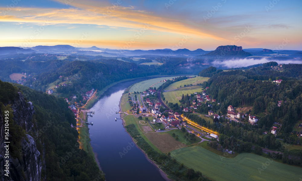 View from the Bastei bridge on the Saxon swiss in the morning, germany