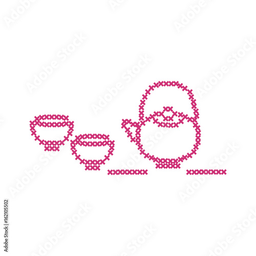 Cute vector illustration cross embroidery of teapot with two cups.