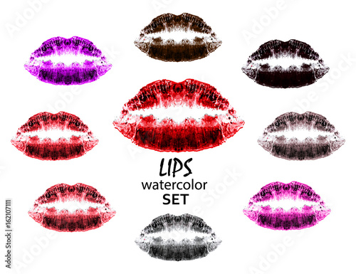 A set of multi-colored prints of lips and kisses. World Kiss Day. 6 July. Watercolor pink  red  purple  gray  raspberry lips. Imprint of lips and kiss. Print. Vector illustration. isolated