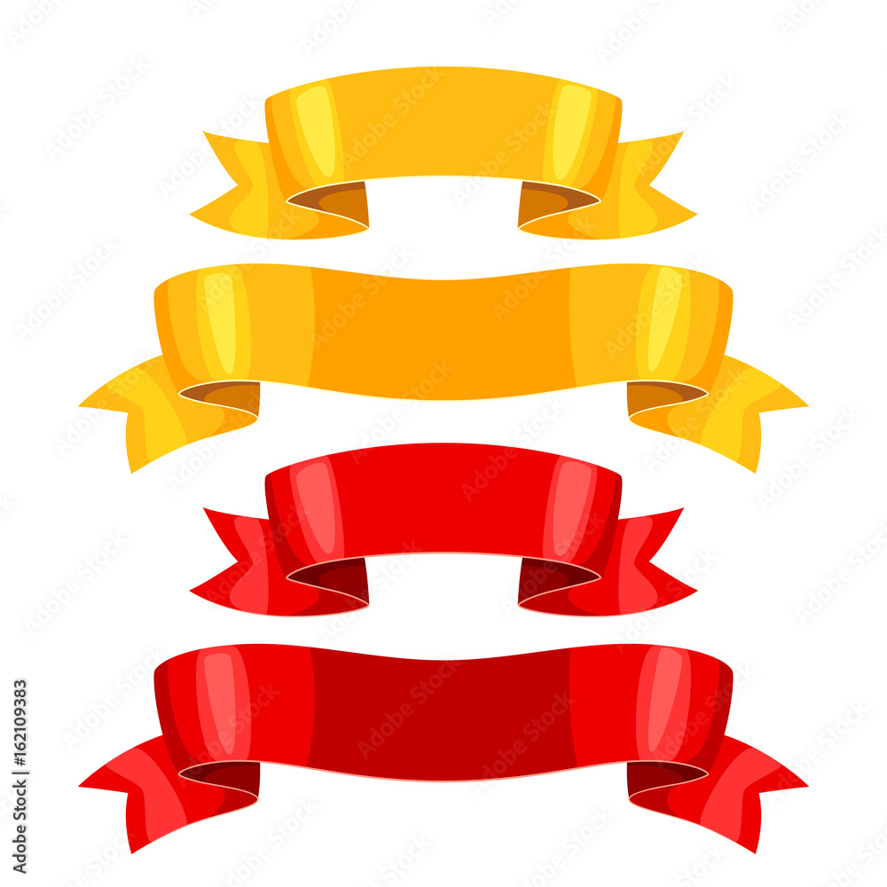 Realistic gold and red ribbons. Set of banners for decoration and design Realistic gold and red ribbons. Set of banners for decoration and design