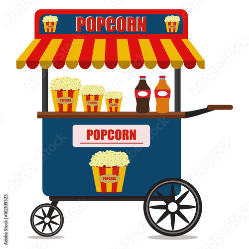 Popcorn cart carnival store and fun festival retro car candy corn container seller cart vector illustration.