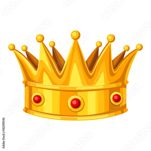 Realistic gold crown with red rubies. Illustration of award for sports or corporate competitions
