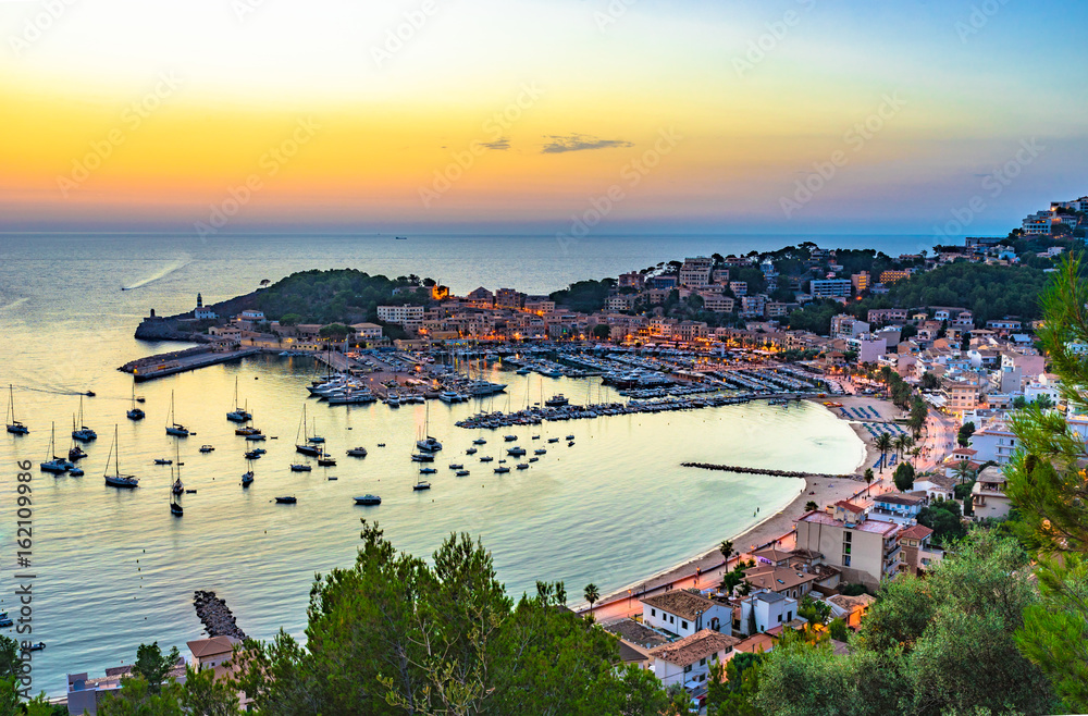 Beautiful sunset at Port de Soller on Majorca island Spain