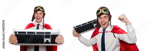 Funny hero with keyboard isolated on the white