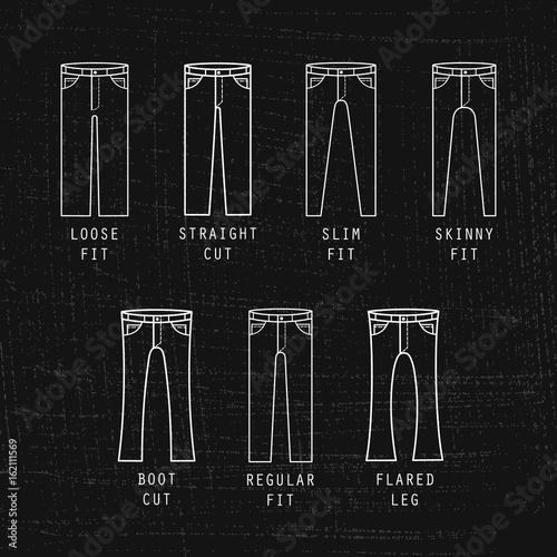 Denim fit icon set. Different type of jeans and trousers on black background