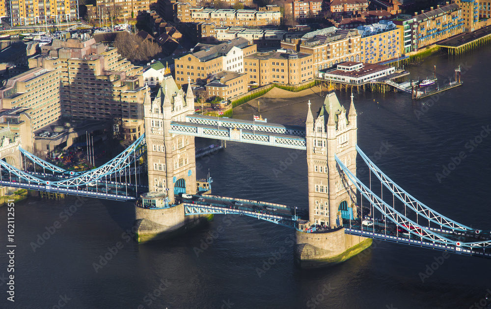 Tower Bridge in London city, aerial view