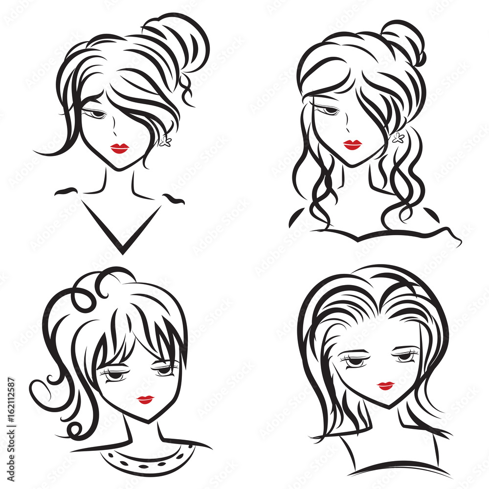 vector illustration set of beautiful women face and hairstyles in black outline on white background