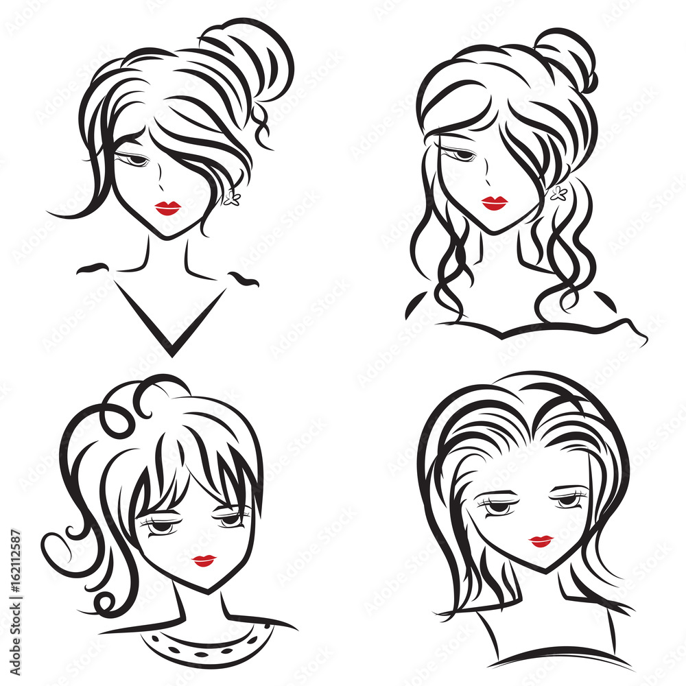 vector illustration set of beautiful women face and hairstyles in black outline on white background vector illustration set of beautiful women face and hairstyles in black outline on white background