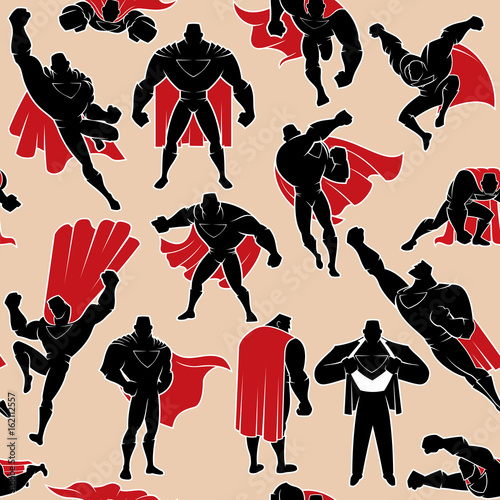 Superhero in Action Seamless Pattern / Seamless pattern with cartoon superhero in 14 different action poses. 