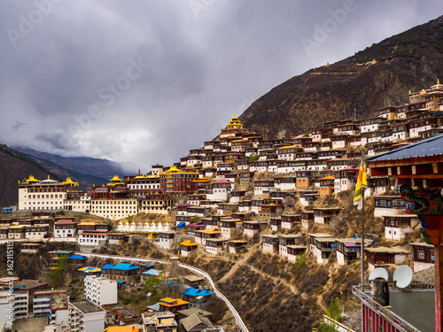 View of Tibetan Town of Baiyu and the monastery photo