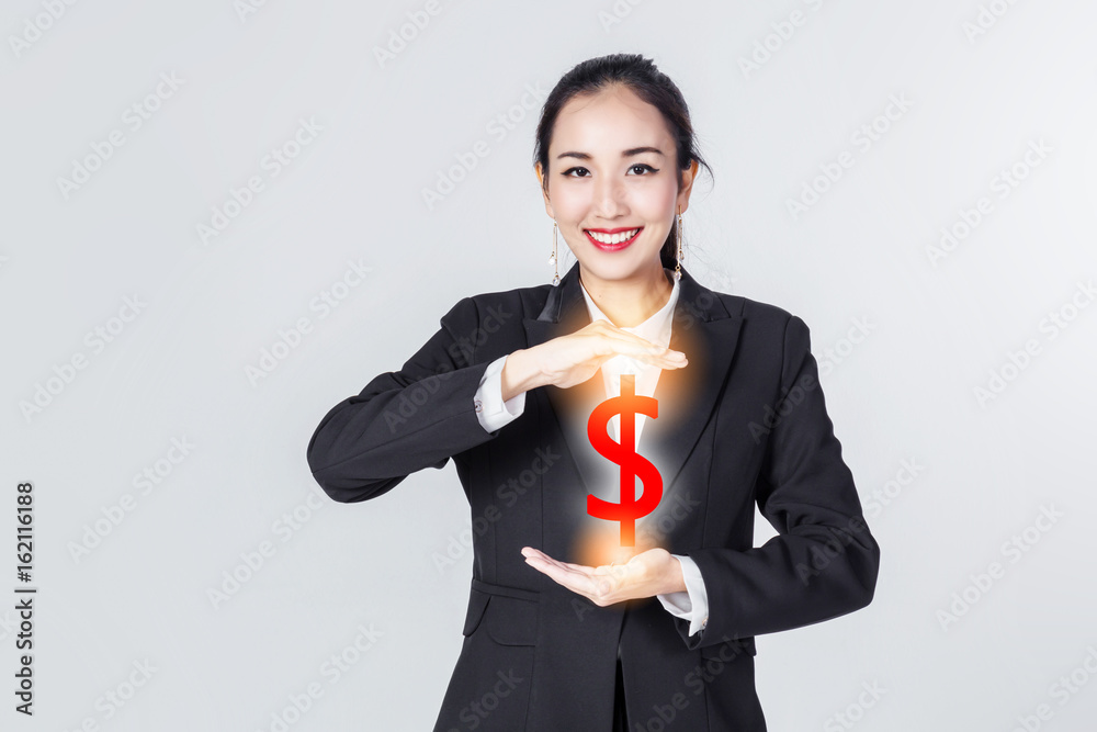 asian business woman smile  and show area with dollar money symbol business ideas concept