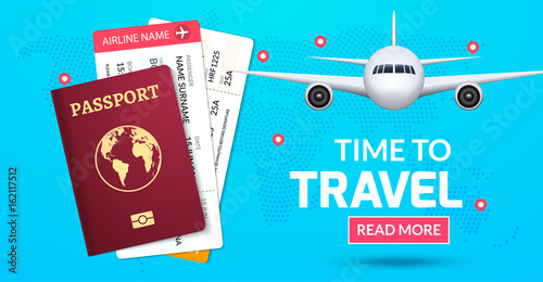 Travel banner design. Vacation business trip offer concept. Vector tourist illustration with passport, ticket, airplane. Travel background