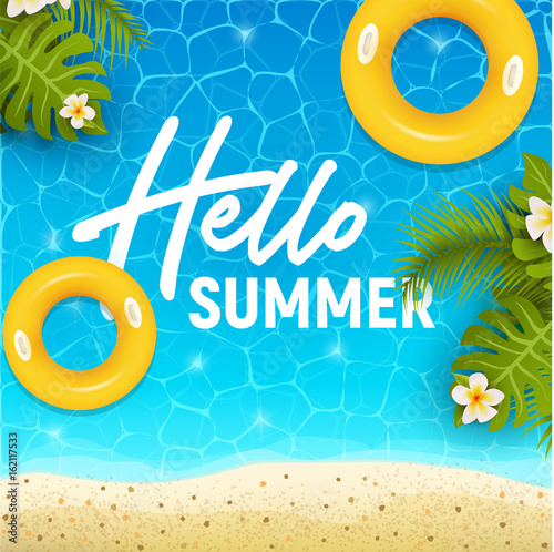Hello summer web banner background. Sea or pool with sand and palm. Hello Summer Holiday party beach template backdrop. Vector illustration