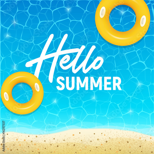 Hello summer web banner background. Sea or pool with sand. Hello Summer Holiday party beach template backdrop. Vector illustration