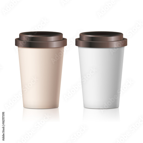 Coffee paper cup set without label. Brown plastic container for drink. Latte, mocha or cappuccino cup for cafe