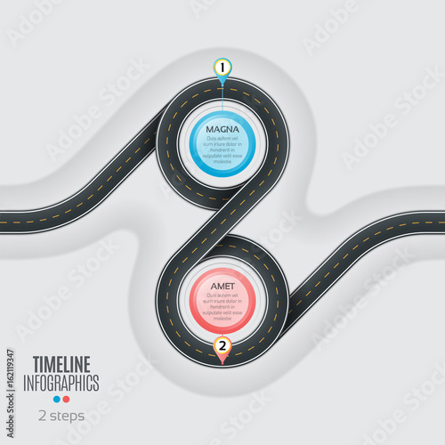 Navigation map infographic 2 steps timeline concept. Winding roa