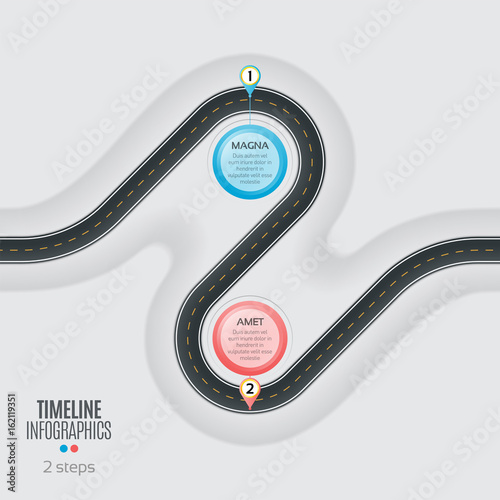 Navigation map infographic 2 steps timeline concept. Winding roa