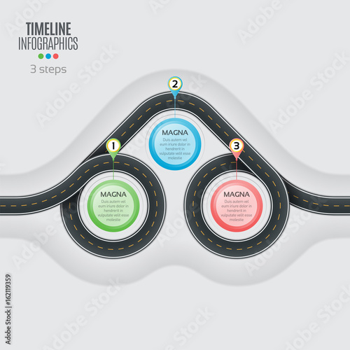 Navigation map infographic 3 steps timeline concept. Winding roa