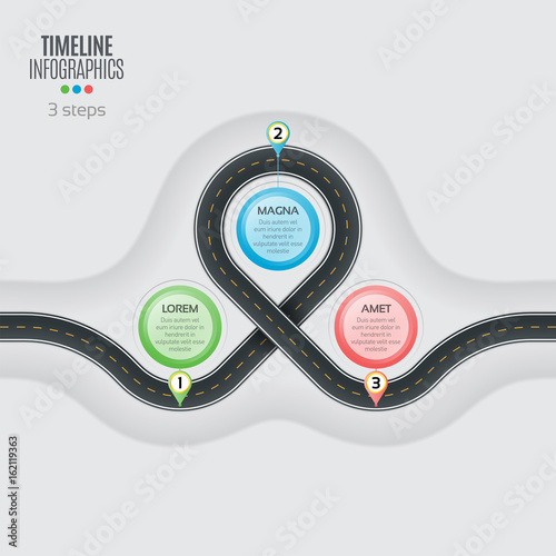 Navigation map infographic 3 steps timeline concept. Winding roa