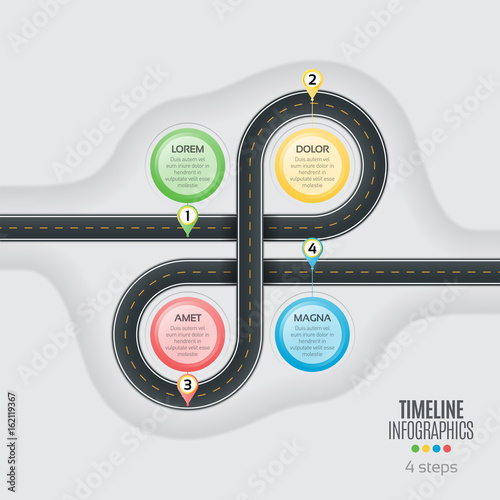 Navigation map infographic 4 steps timeline concept. Winding roa