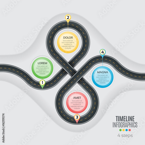 Navigation map infographic 4 steps timeline concept. Winding roa