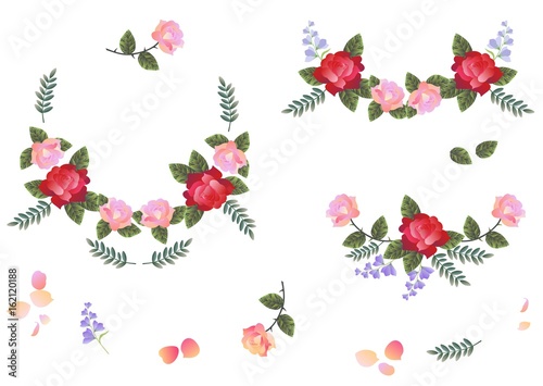 Collection of floral design elements. Beautiful wreaths and single flowers isolated on white background.