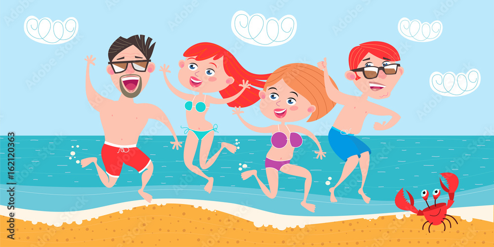Young people, girls and guys having fun on the beach. Vector illustration.