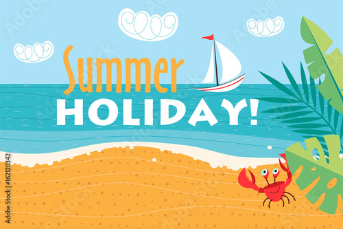 Summer holiday! Vector illustration, background, sea, sandy beach, yacht, summer.