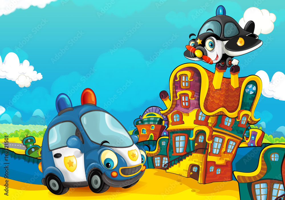 Cartoon sports car smiling and looking in the parking lot and plane flying over - illustration for children Cartoon sports car smiling and looking in the parking lot and plane flying over - illustration for children