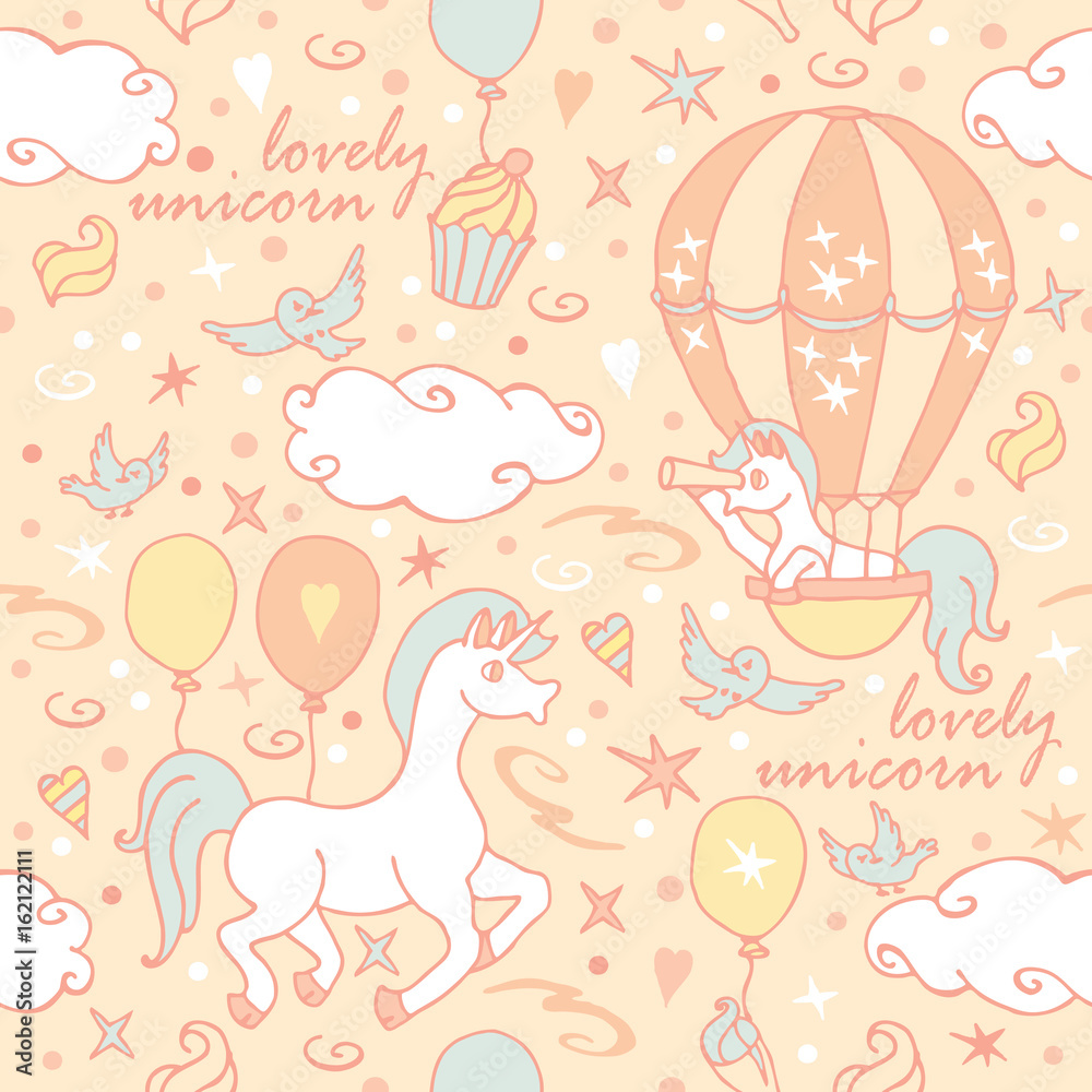 Little unicorn in air balloon looks into a spyglass / A seamless pattern in beige color with unicorns, birds and air balloons. Great for home textile.