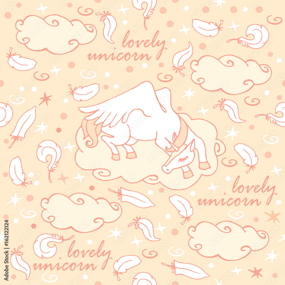Unicorn sleeps in the clouds / A seamless pattern with an unicorn, feathers and clouds. Great for home textile. Unicorn sleeps in the clouds / A seamless pattern with an unicorn, feathers and clouds. Great for home textile.