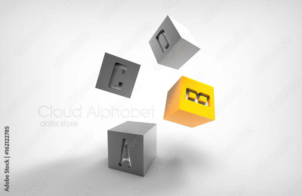 The fall of three-dimensional cubes with the alphabet The fall of three-dimensional cubes with the alphabet