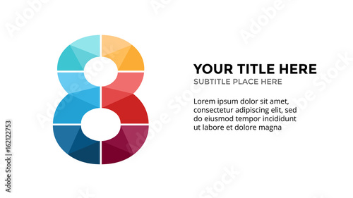 Vector alphabet infographic. Presentation slide template. Business font concept with number 8 and place for your text. 16x9 aspect ratio.
