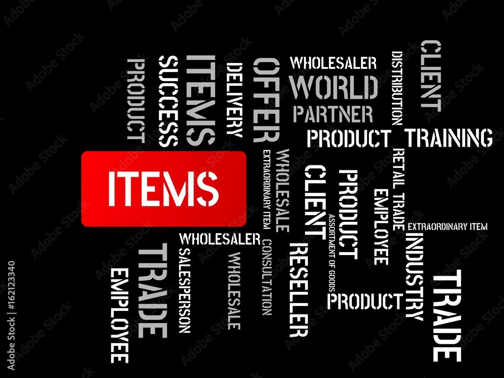 ITEMS - image with words associated with the topic WHOLESALE, word cloud, cube, letter, image, illustration ITEMS - image with words associated with the topic WHOLESALE, word cloud, cube, letter, image, illustration