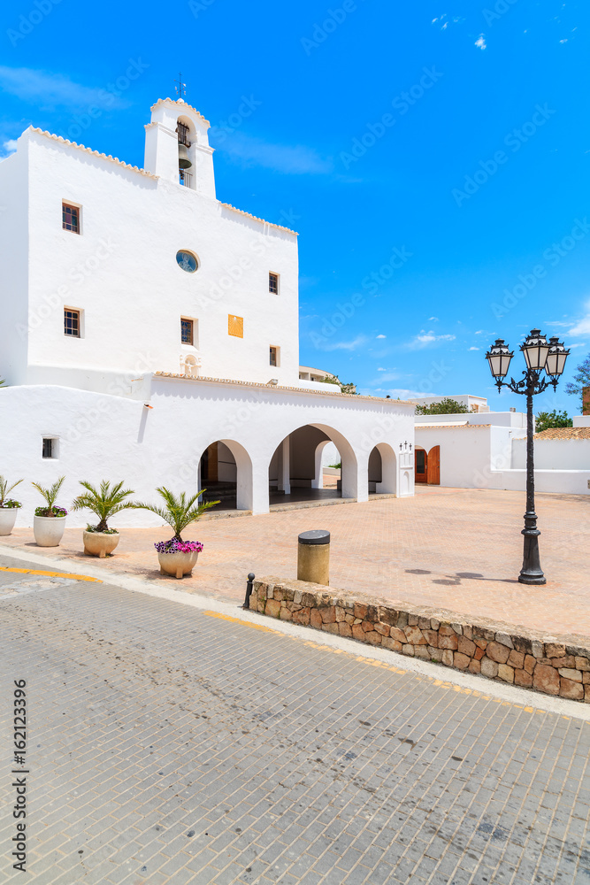 Square with typical white style church in Sant Josep de sa Talaia town on Ibiza island, Spain