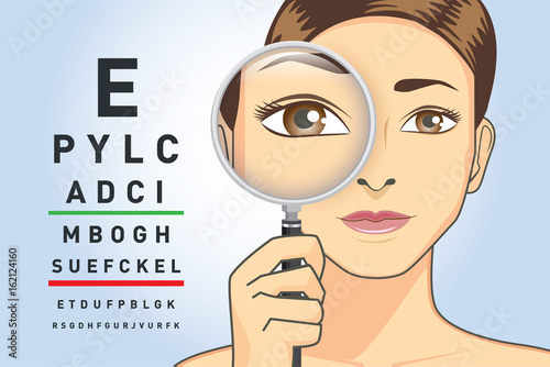 Beauty woman holding magnifying glass for check her eye with read the letters on the chart. Illustration about ability to focus of eyesight.