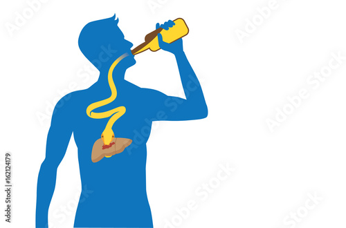 Snake out of alcohol bottle into body to attack liver while people drinking. Illustration about health care.