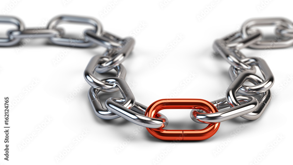 Chrome chain with a red link. 3d illustration Chrome chain with a red link. 3d illustration