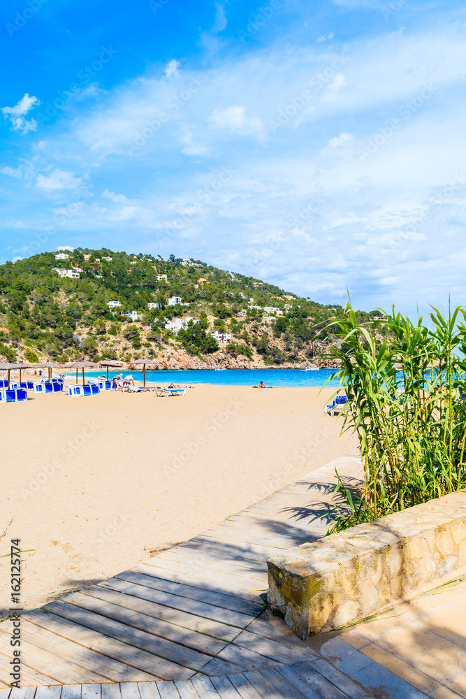 Fototapeta premium View of sandy Cala San Vicente beach, Ibiza island, Spain