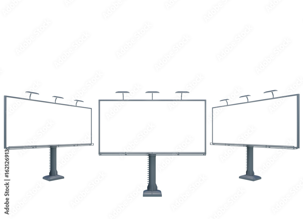 3D rendering of three blank billboards (empty advertisements) isolated on white background 3D rendering of three blank billboards (empty advertisements) isolated on white background
